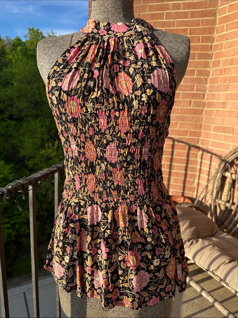 Cynthia Rowley Black Floral Smocked Halter Tunic